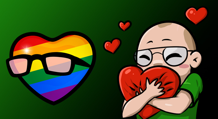 Rhass hugging a heart and a heart with a pride flag next to it